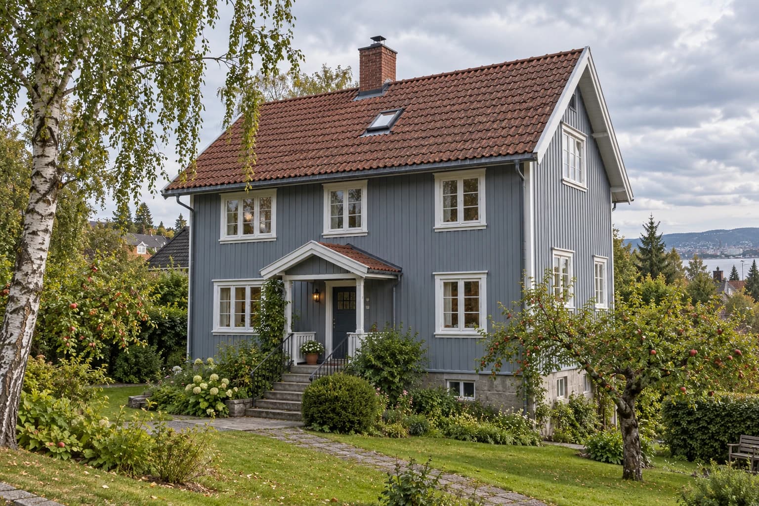Illustrasjon: Bolig med synlig tak og fasade i et grønt boligområde inspirert av Oslo.