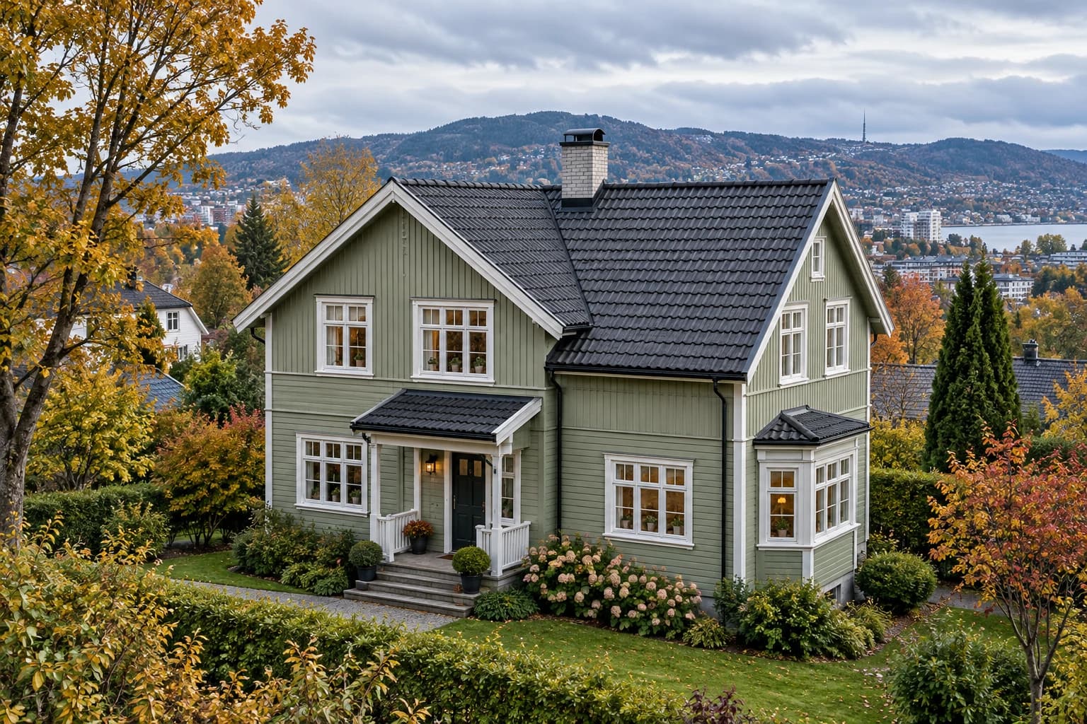 Illustrasjon: Bolig med synlig tak og fasade i et grønt boligområde inspirert av Oslo.