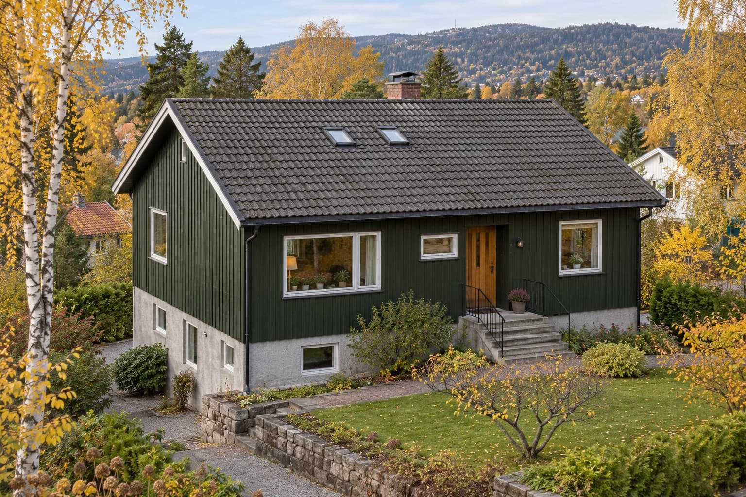 Illustrasjon: Bolig med synlig tak og fasade i et grønt boligområde inspirert av Oslo.