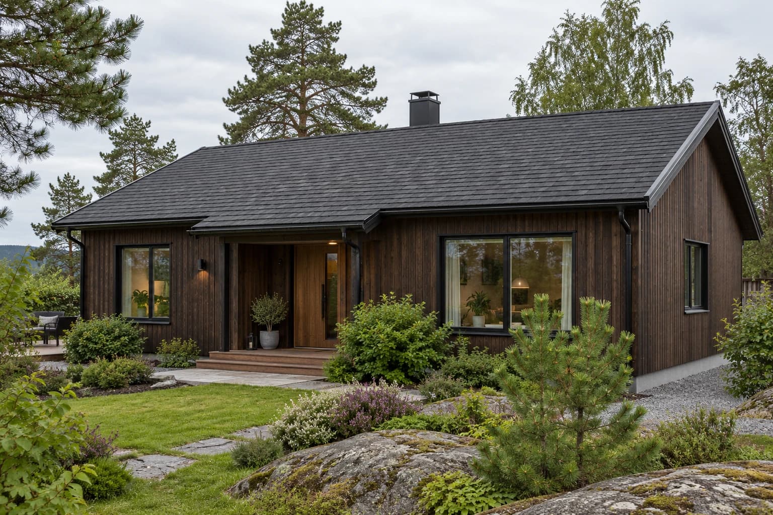 Illustrasjon: Mørk trebolig med mineralstrødd shingel på taket.
