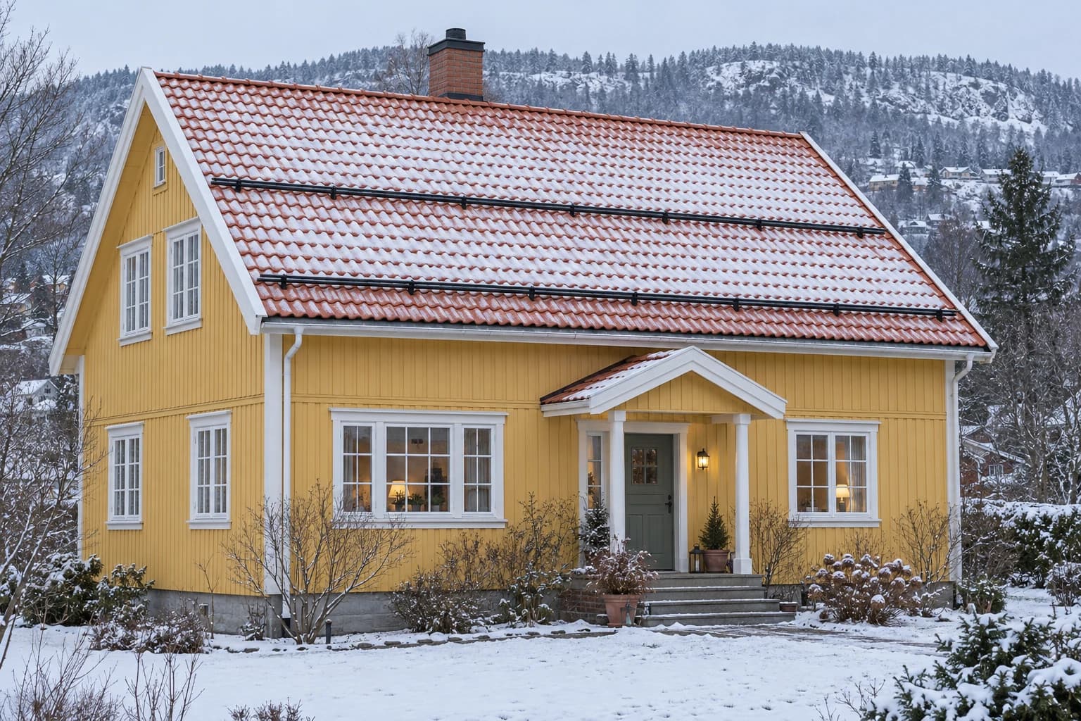Illustrasjon: Bolig med synlig tak og fasade i et grønt boligområde inspirert av Oslo.