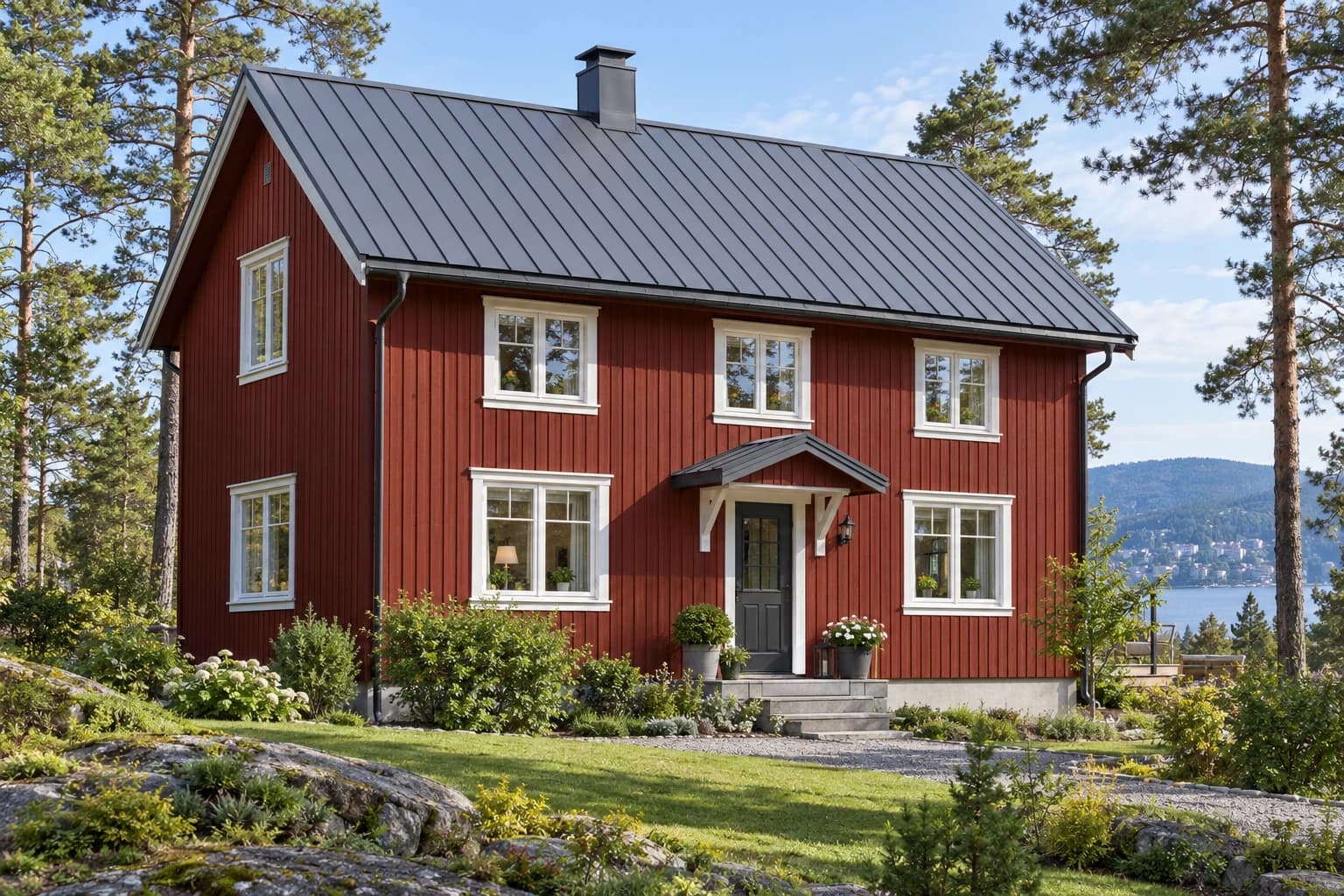 Illustrasjon: Rød trebolig med grå metalltekking.