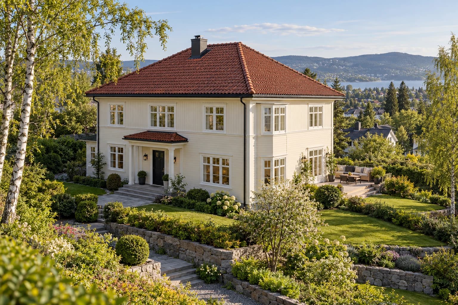 Illustrasjon: Bolig med synlig tak og fasade i et grønt boligområde inspirert av Oslo.