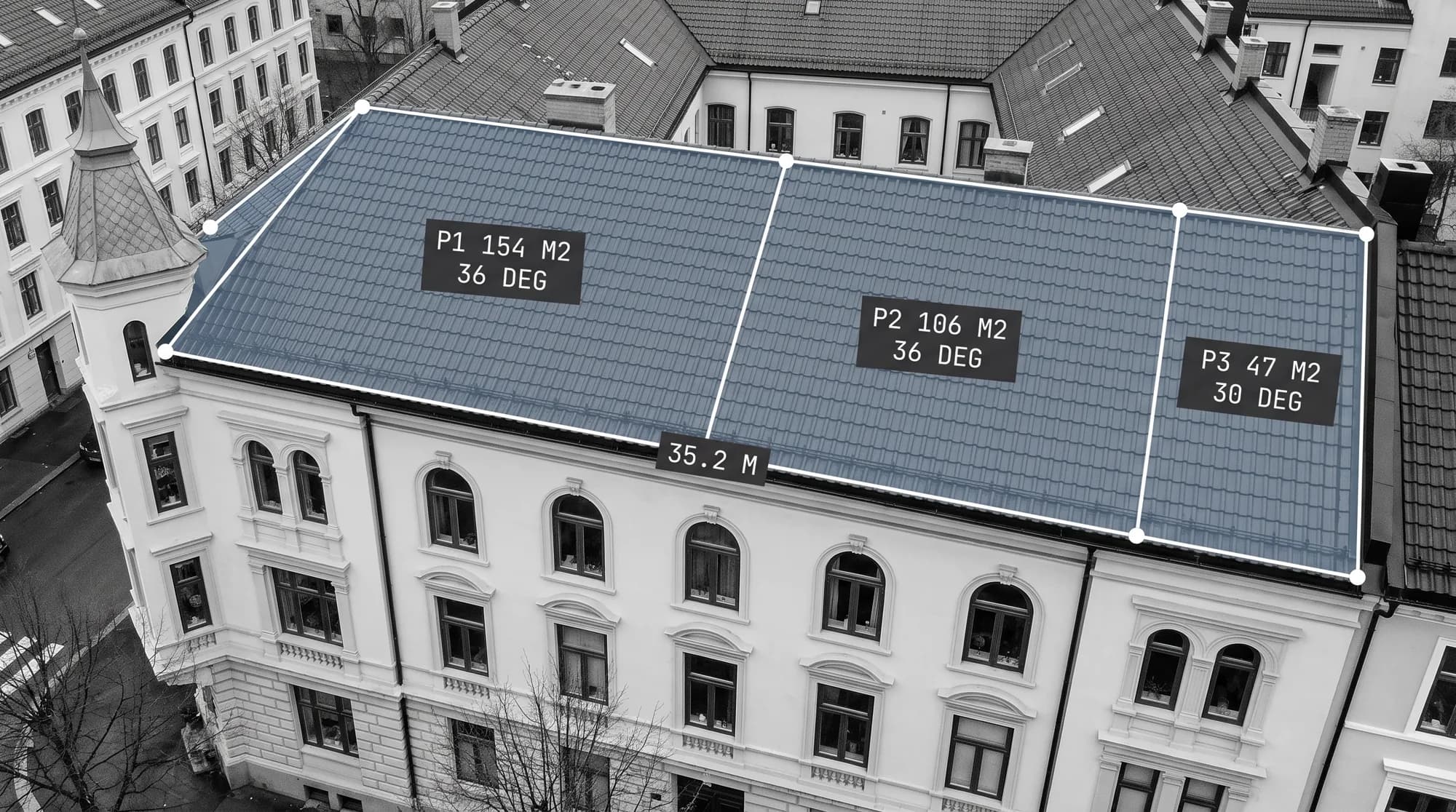 Illustrert oppmåling av et bygårdstak på St. Hanshaugen