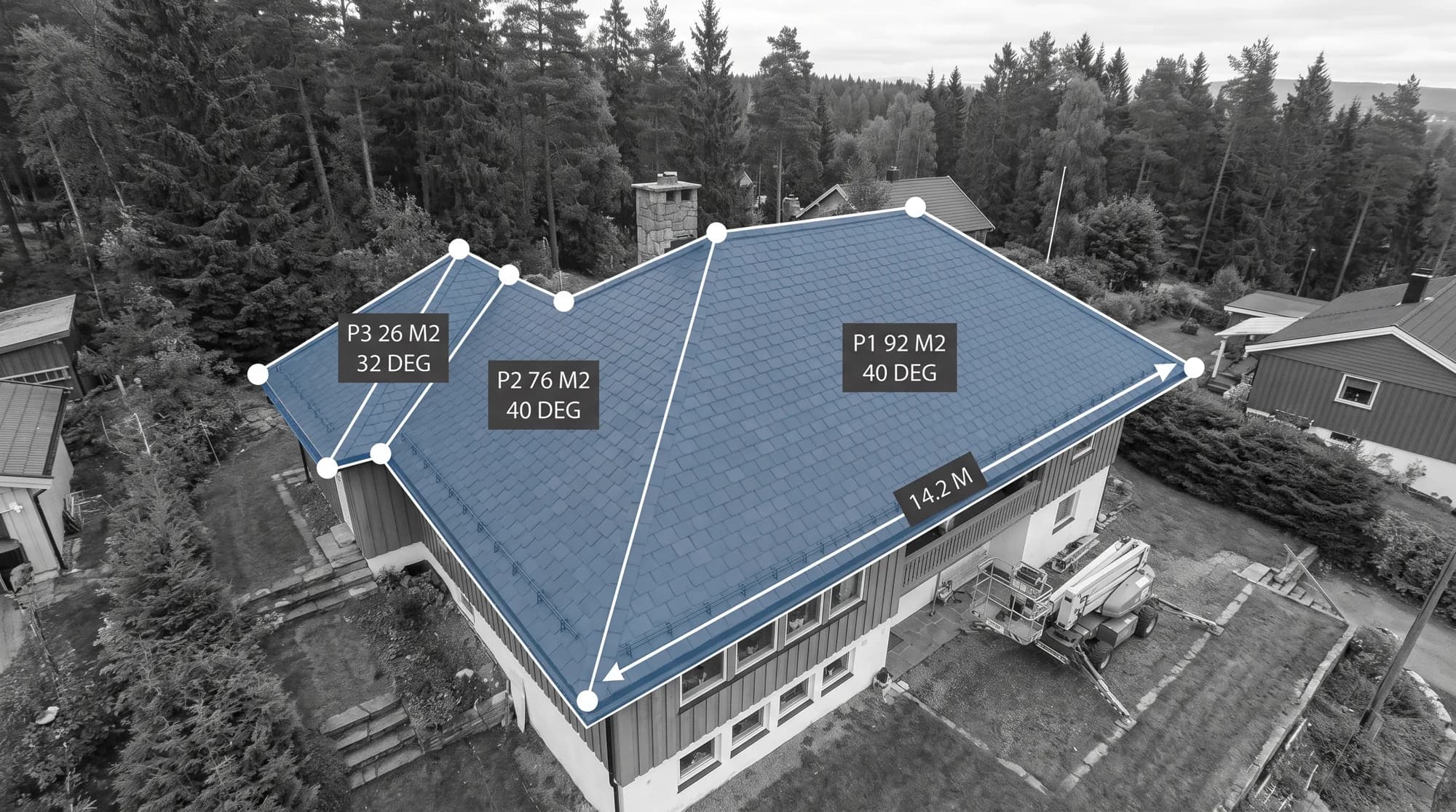 Illustrert oppmåling av et villatak i Vestre Aker