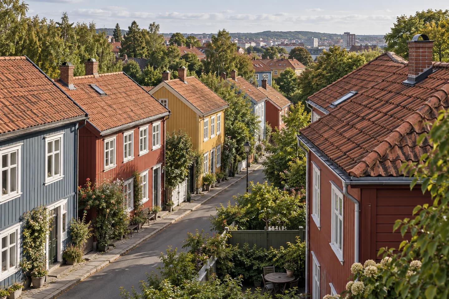 Illustrasjon: Trehus og tegltak inspirert av Kampen og Vålerenga
