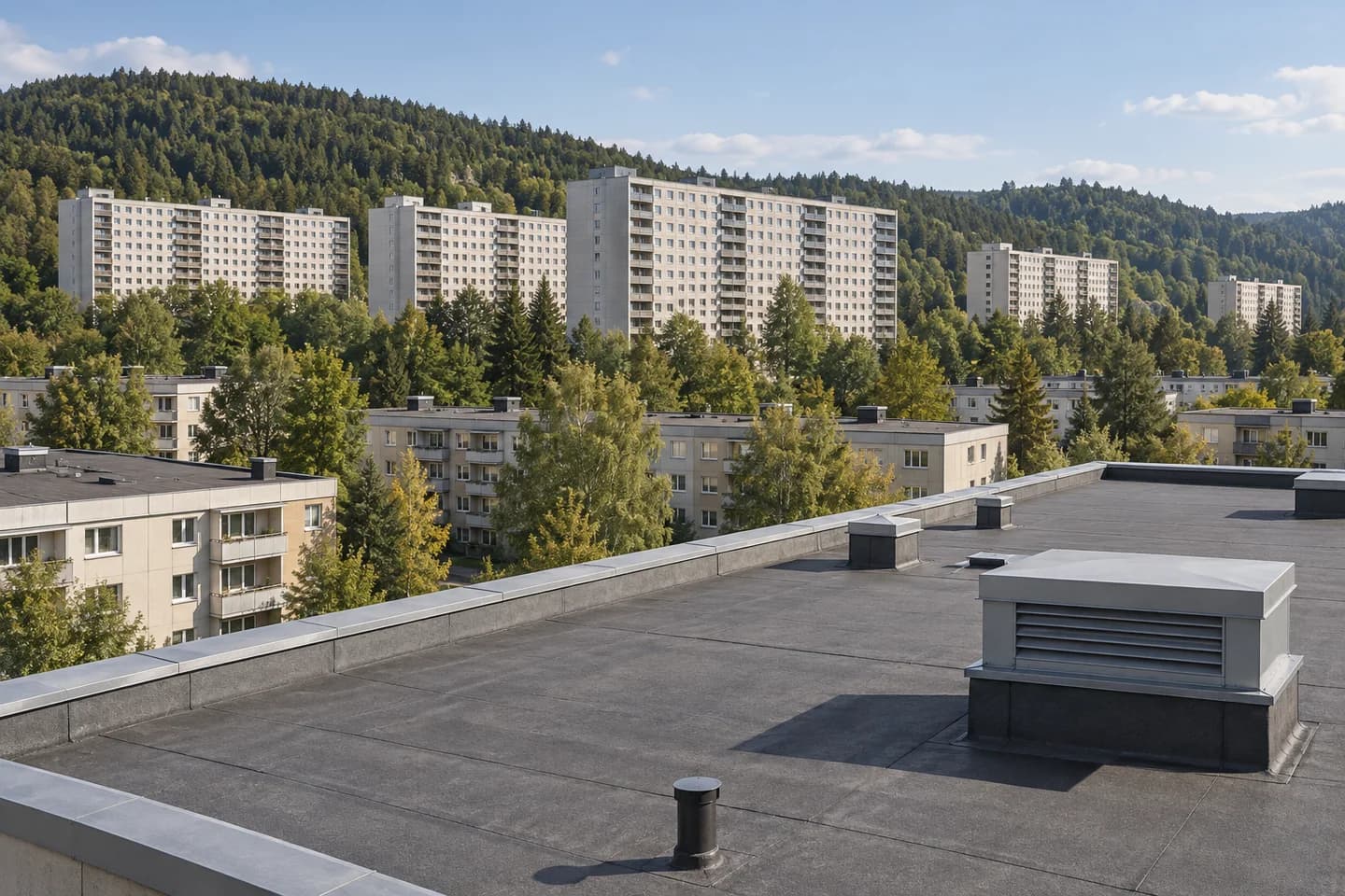 Illustrasjon: Blokkbebyggelse og flate tak inspirert av Ammerud