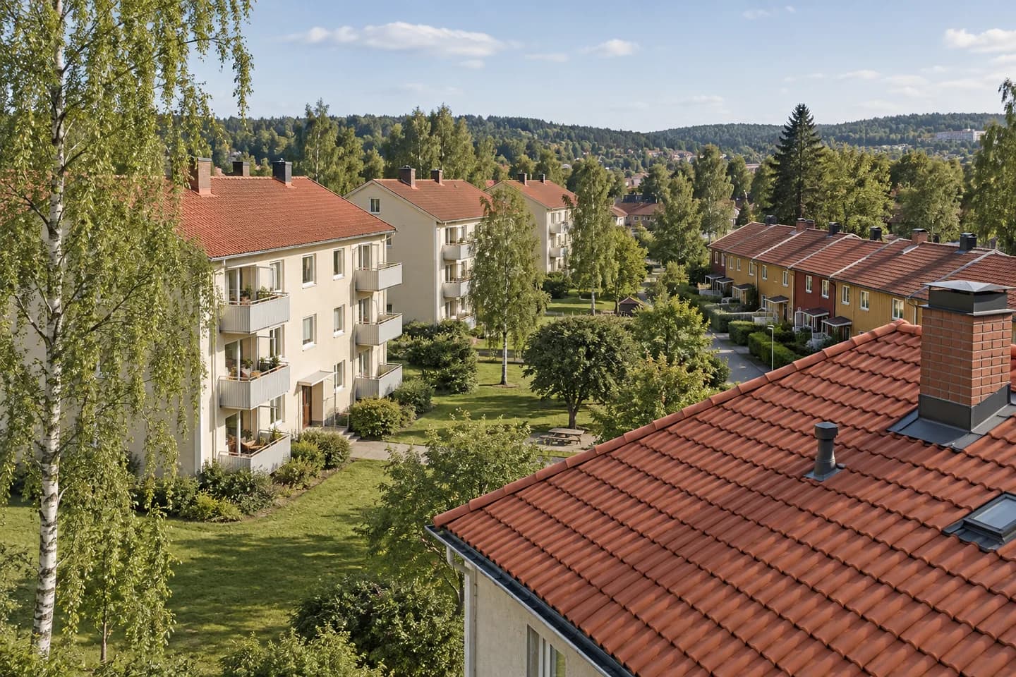 Illustrasjon: Rekkehus og lavblokker inspirert av Oppsal og Godlia