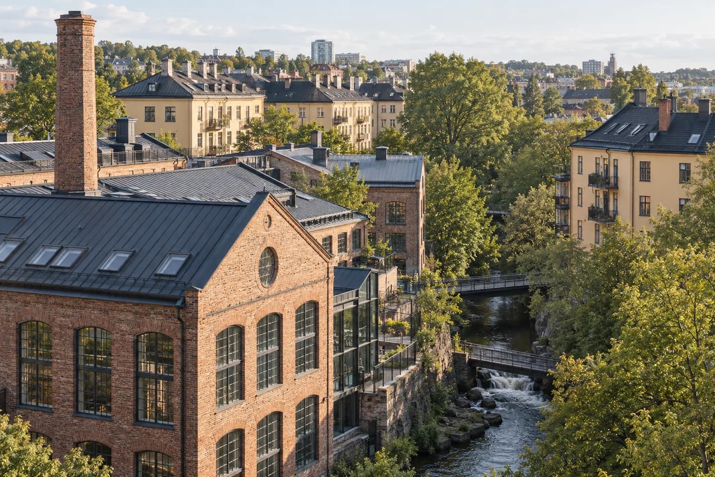 Illustrasjon: Teglbygg og murgårder inspirert av Sagene og Akerselva