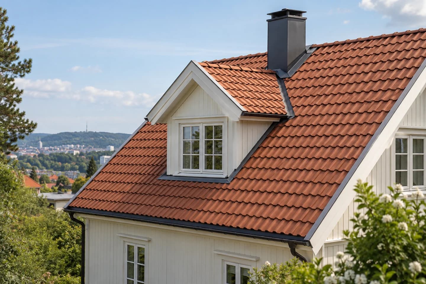 Illustrasjon: Nylagt rødt tak på en lys villa