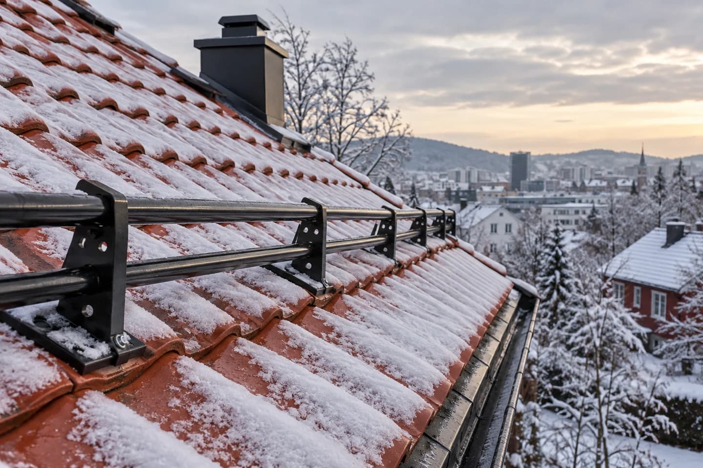 Illustrasjon: Snøfangere på et rødt tak med snø
