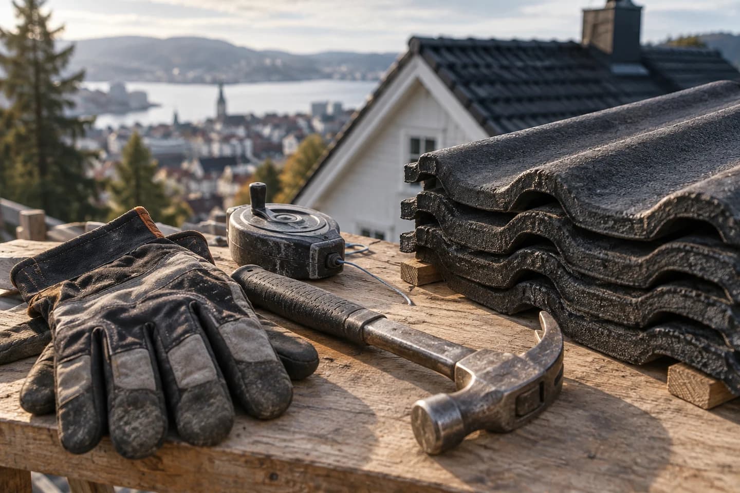 Illustrasjon: Arbeidshansker, hammer og mørke takstein på en benk