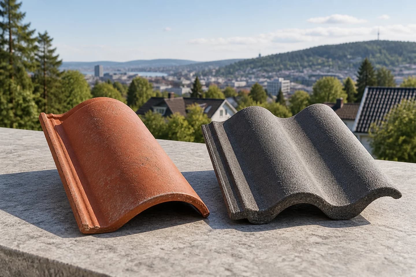 Illustrasjon: Teglstein og betongtakstein sammen til sammenligning