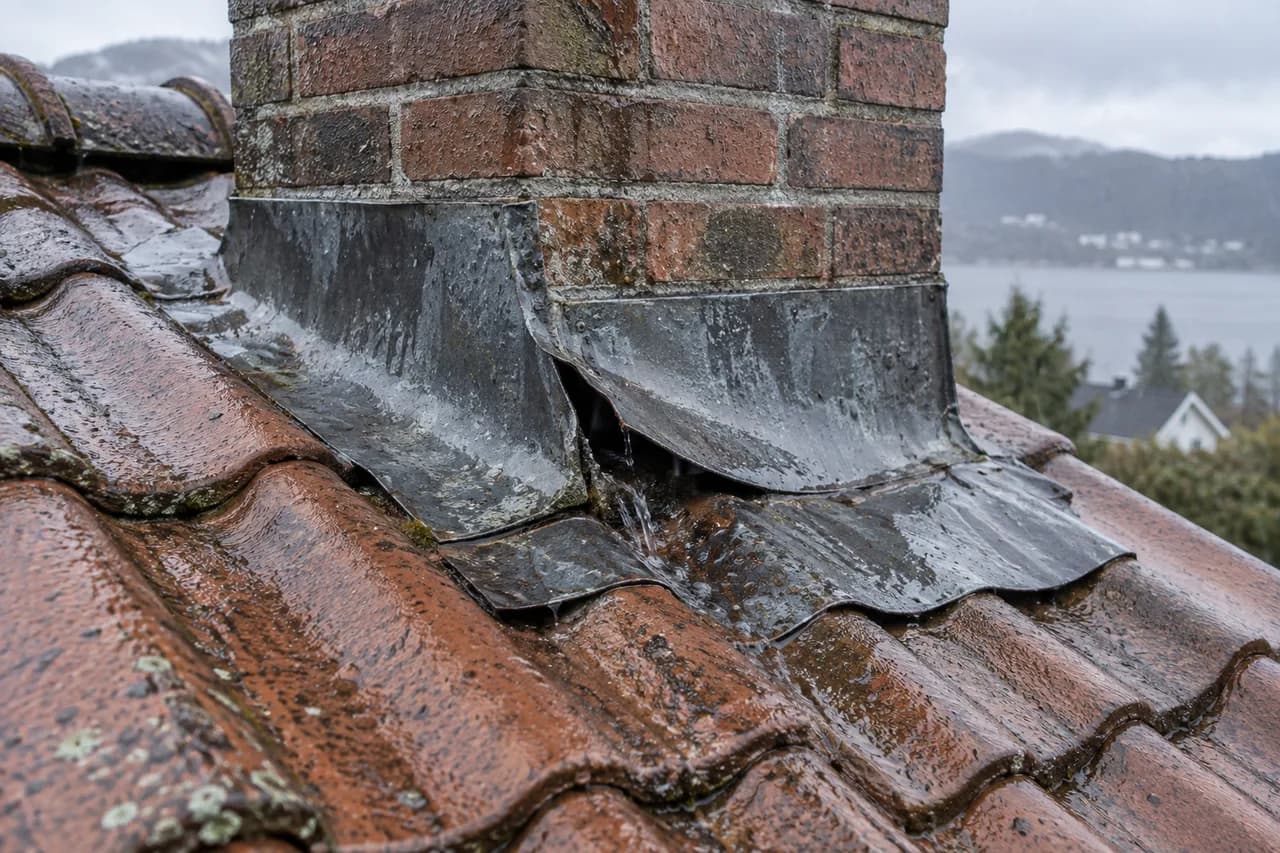 Utett beslag ved pipe med synlig vannspor