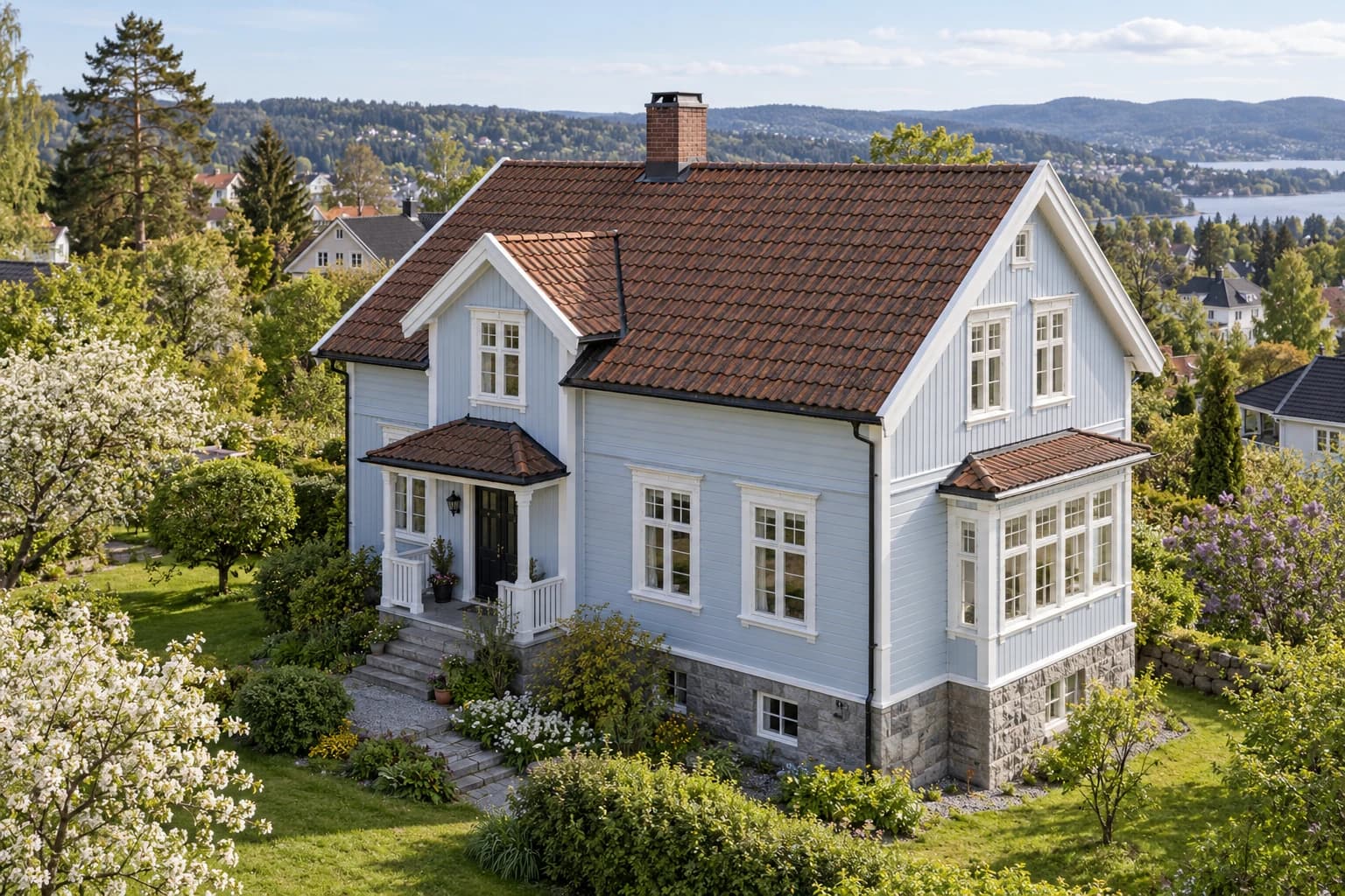 Illustrasjon: Bolig med synlig tak og fasade i et grønt boligområde inspirert av Oslo.