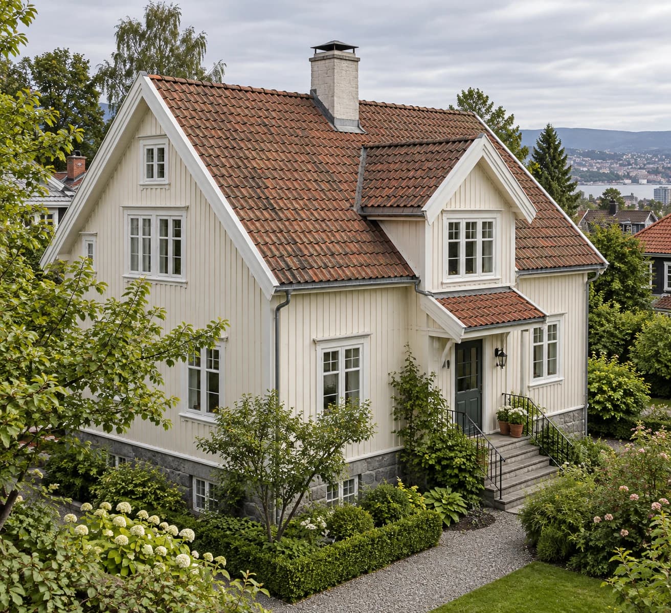 Illustrasjon: Bolig med synlig tak og fasade i et grønt boligområde inspirert av Oslo.