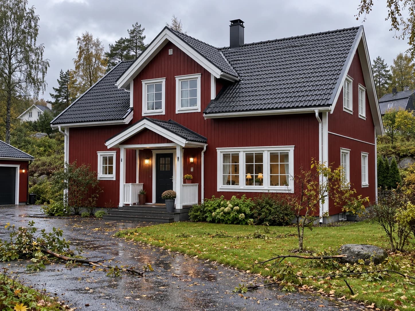 Illustrasjon: Bolig med synlig tak og fasade i et grønt boligområde inspirert av Oslo.