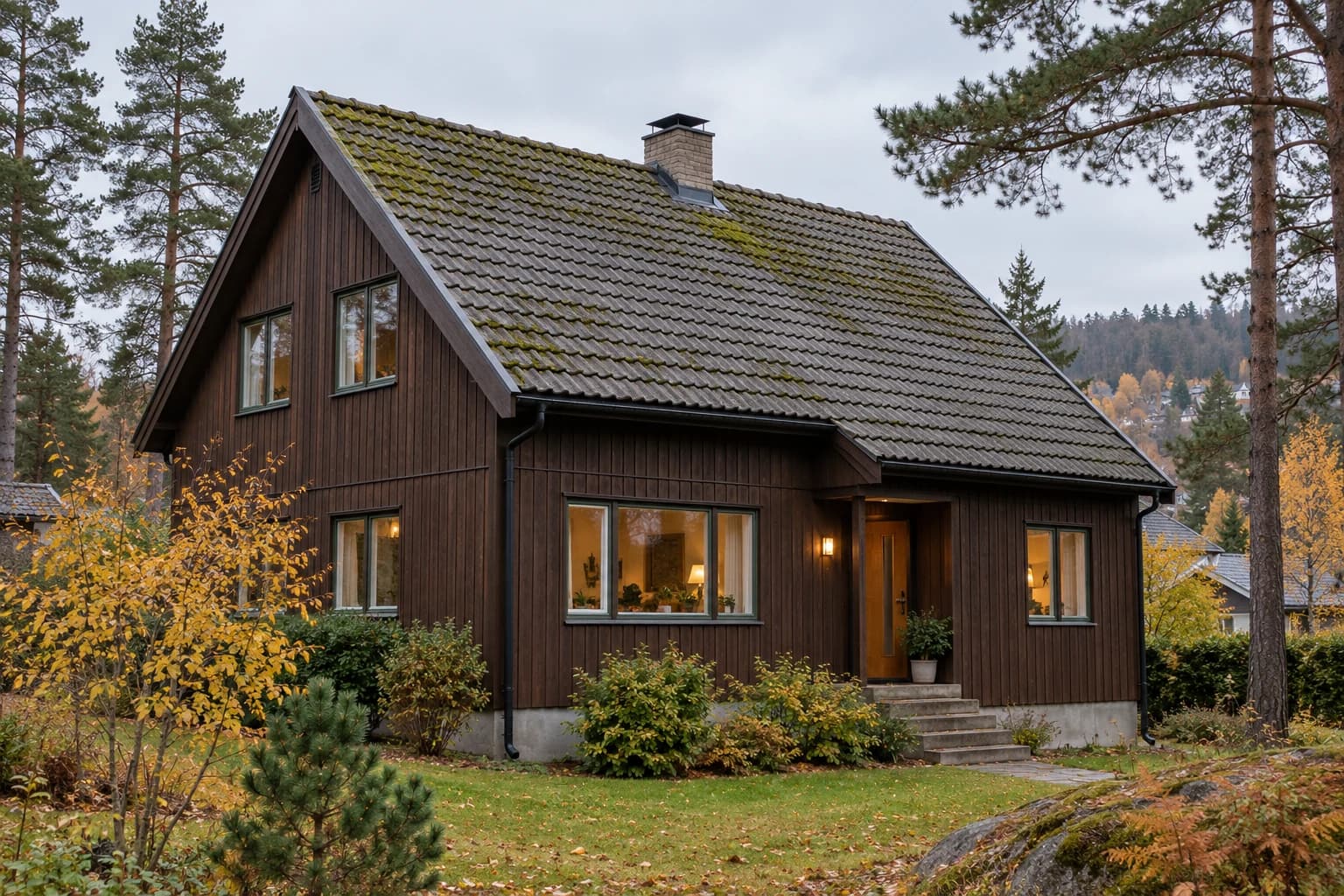 Illustrasjon: Bolig med synlig tak og fasade i et grønt boligområde inspirert av Oslo.