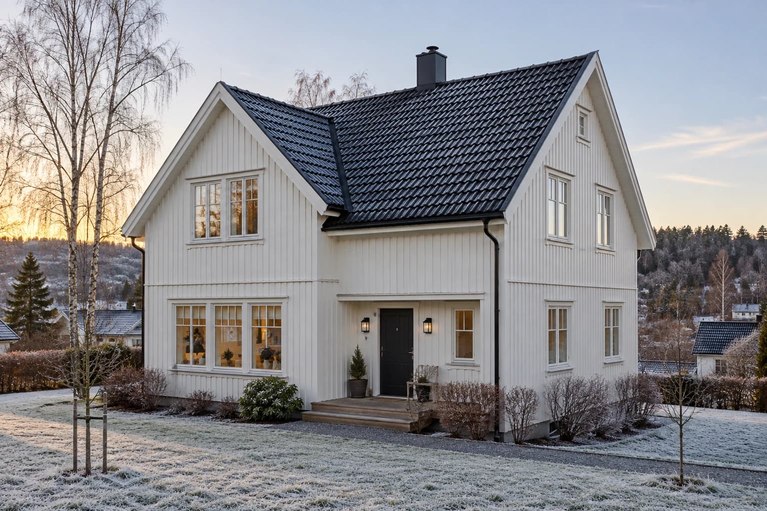 Illustrasjon: Bolig med synlig tak og fasade i et grønt boligområde inspirert av Oslo.