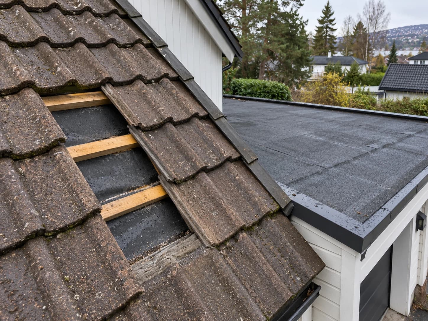 Illustrasjon: Åpnet felt i et betongtaksteinstak ved en lavere garasjeflate med takbelegg.