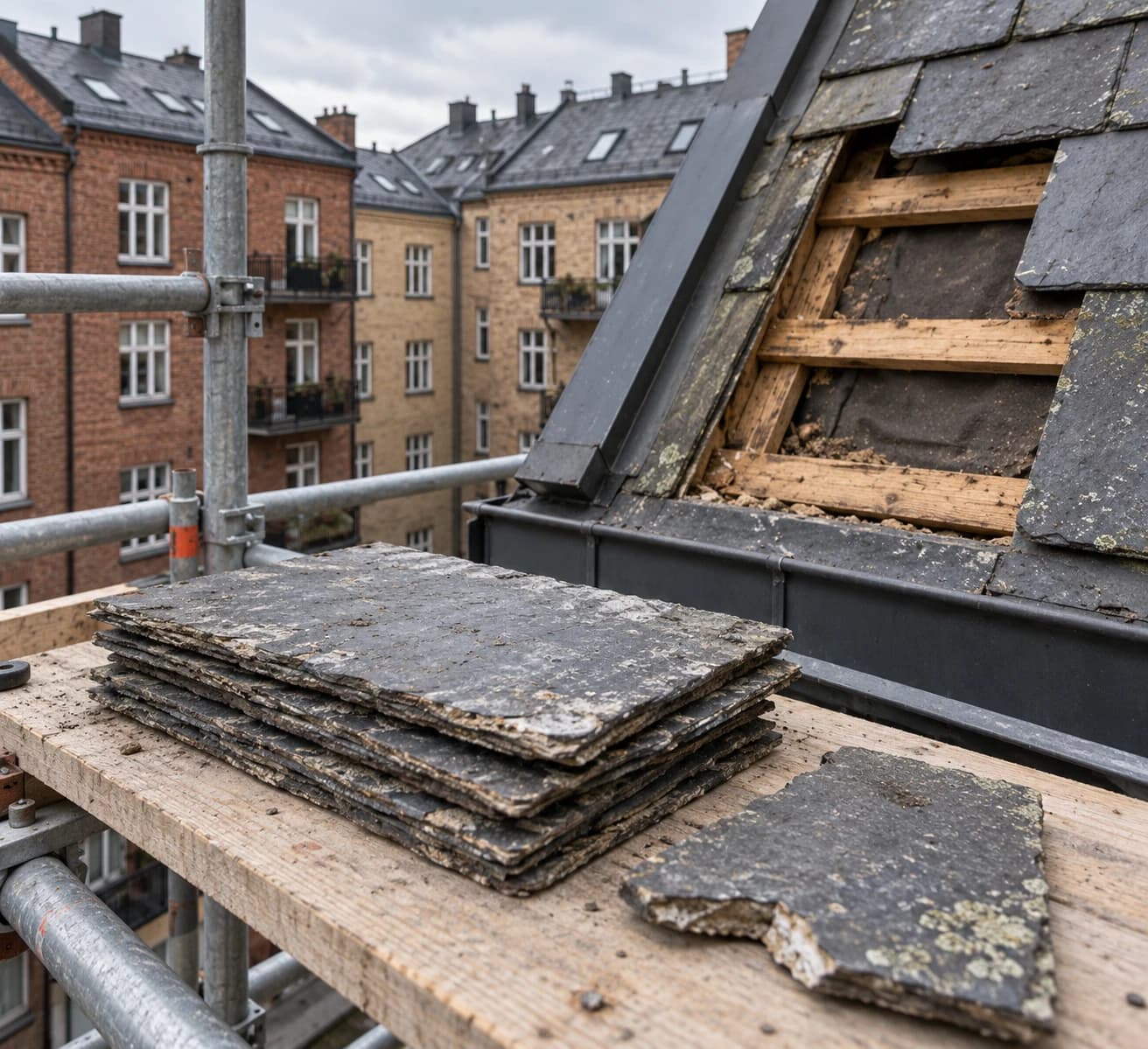 Illustrasjon: Løse skiferheller på en arbeidsplattform ved et åpnet skifertak i en murgård.