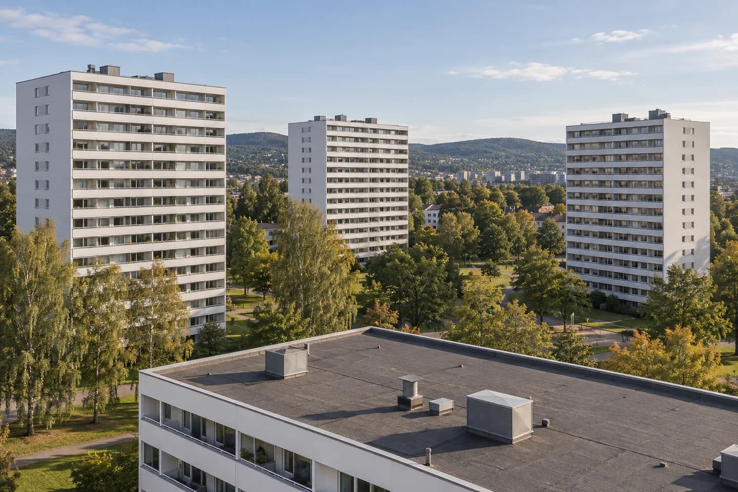 Illustrasjon: Blokker og membrantak inspirert av Tveita