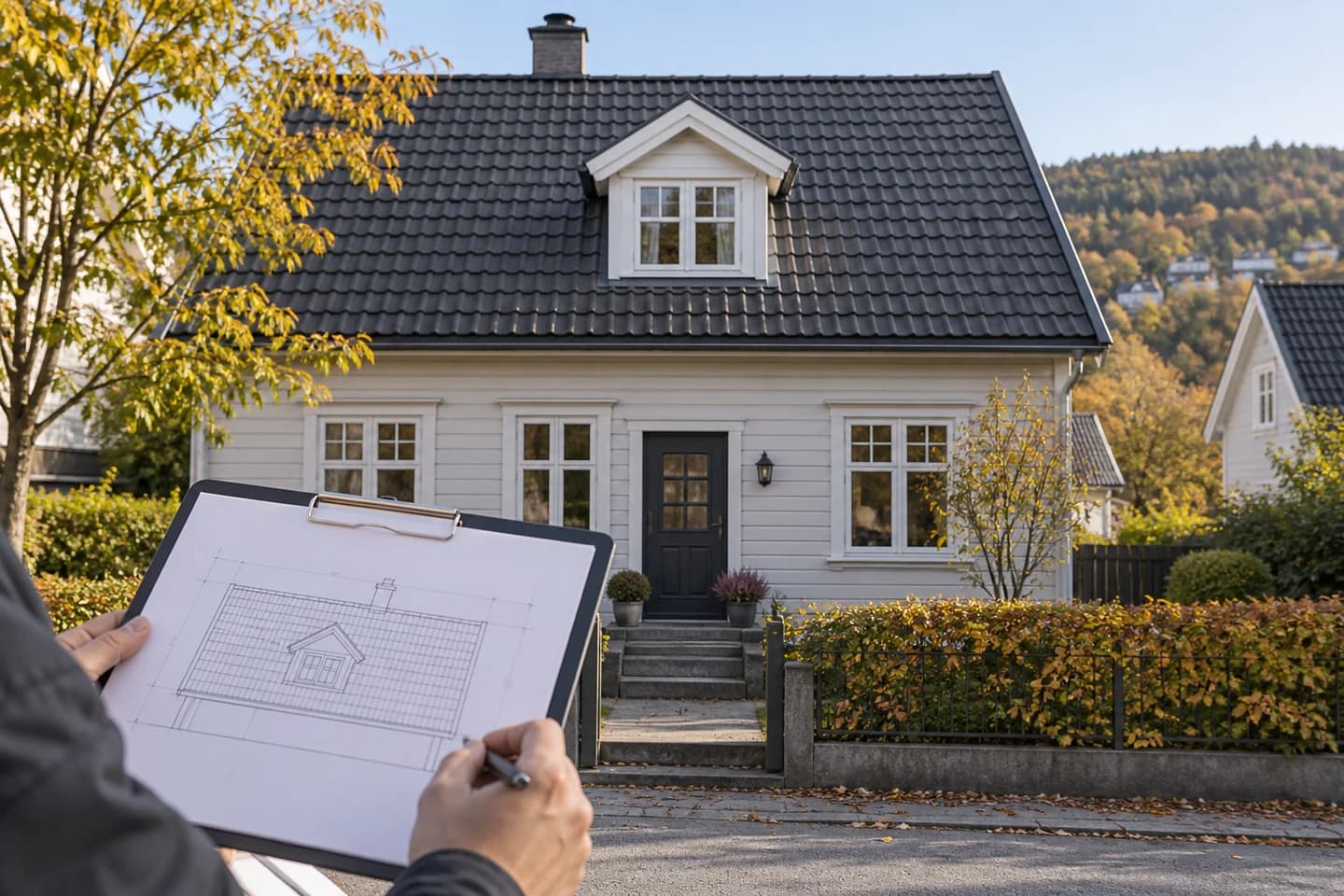 Illustrasjon: Villa med takark og tegninger i forgrunnen