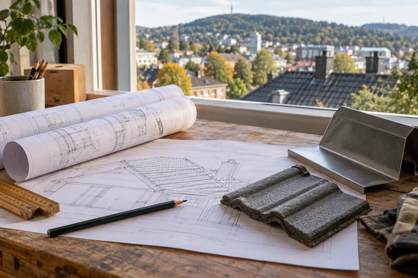 Illustrasjon: Taktegninger og materialprøver på en arbeidsbenk