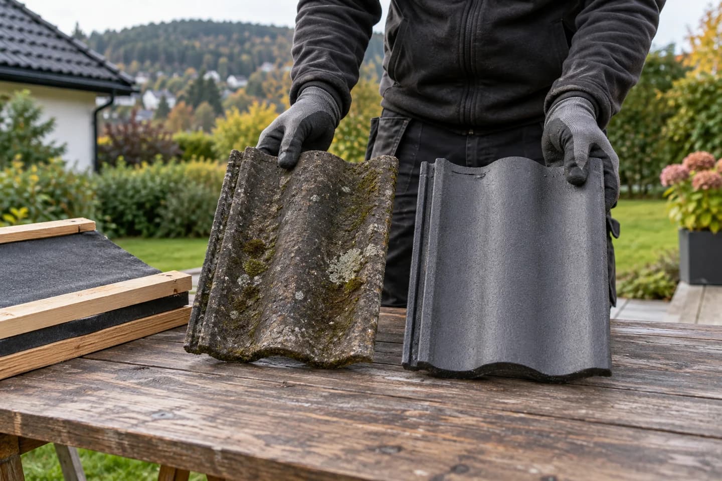 Illustrasjon: Gamle og nye takstein sammen på en arbeidsbenk