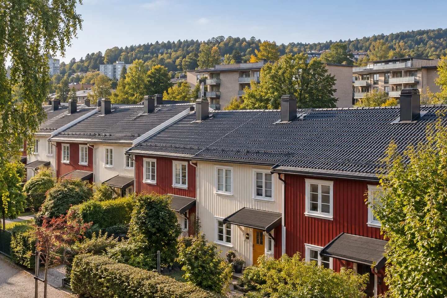 Illustrasjon: Rekkehus og grønne boligområder inspirert av Søndre Nordstrand