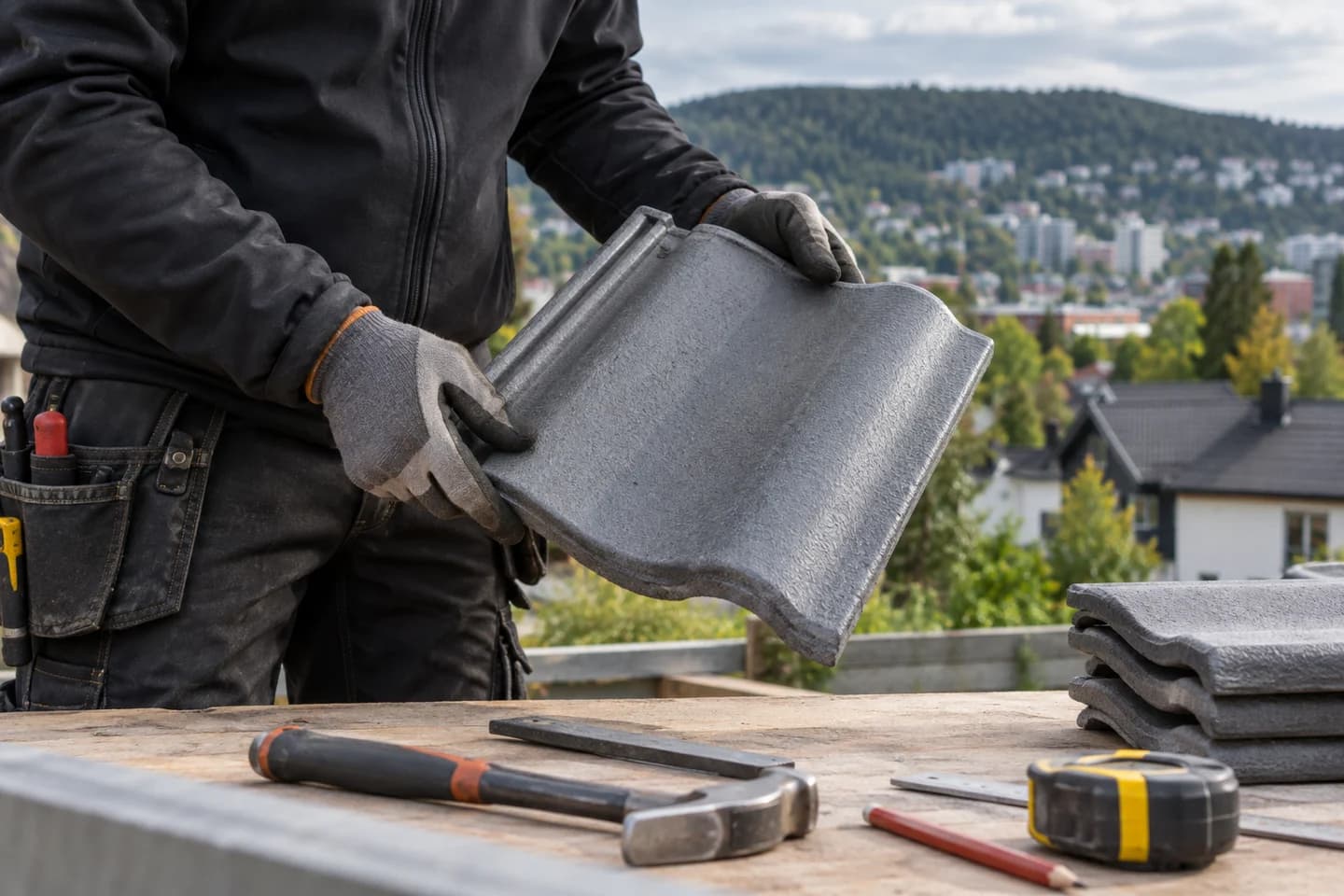 Illustrasjon: Håndverker undersøker en grå takstein ved arbeidsbenken