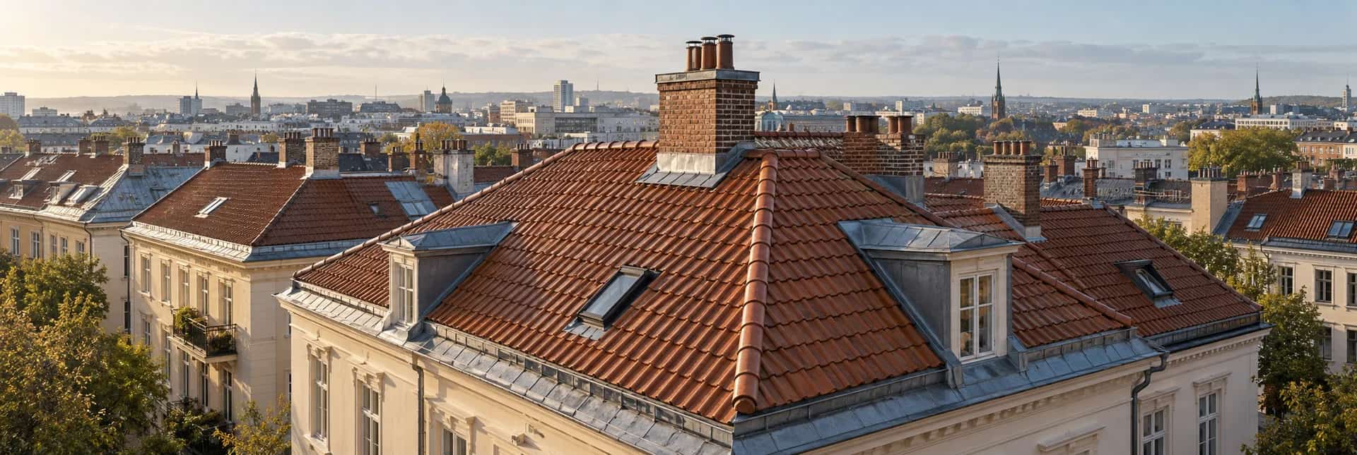 Illustrert taklandskap med røde tegltak, teglpiper og klassiske Oslo-bygårder i morgenlys