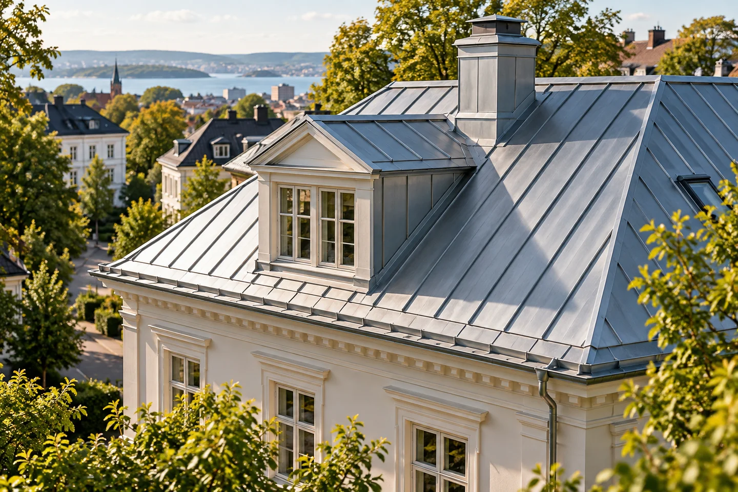 Illustrasjon av nytt falset metalltak på et lyst Oslo-hus