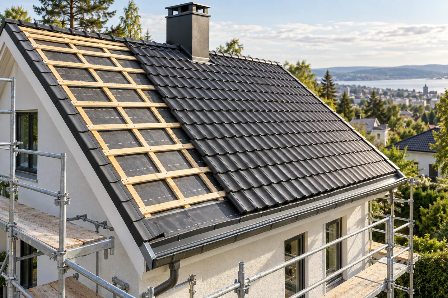 Illustrasjon av takbytte på en Oslo-villa med undertak, lekter og nye mørke takstein
