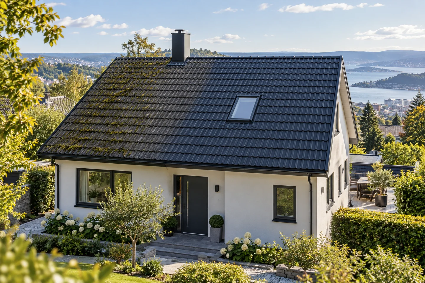 Illustrasjon av takvask med mose og rensede mørke takstein
